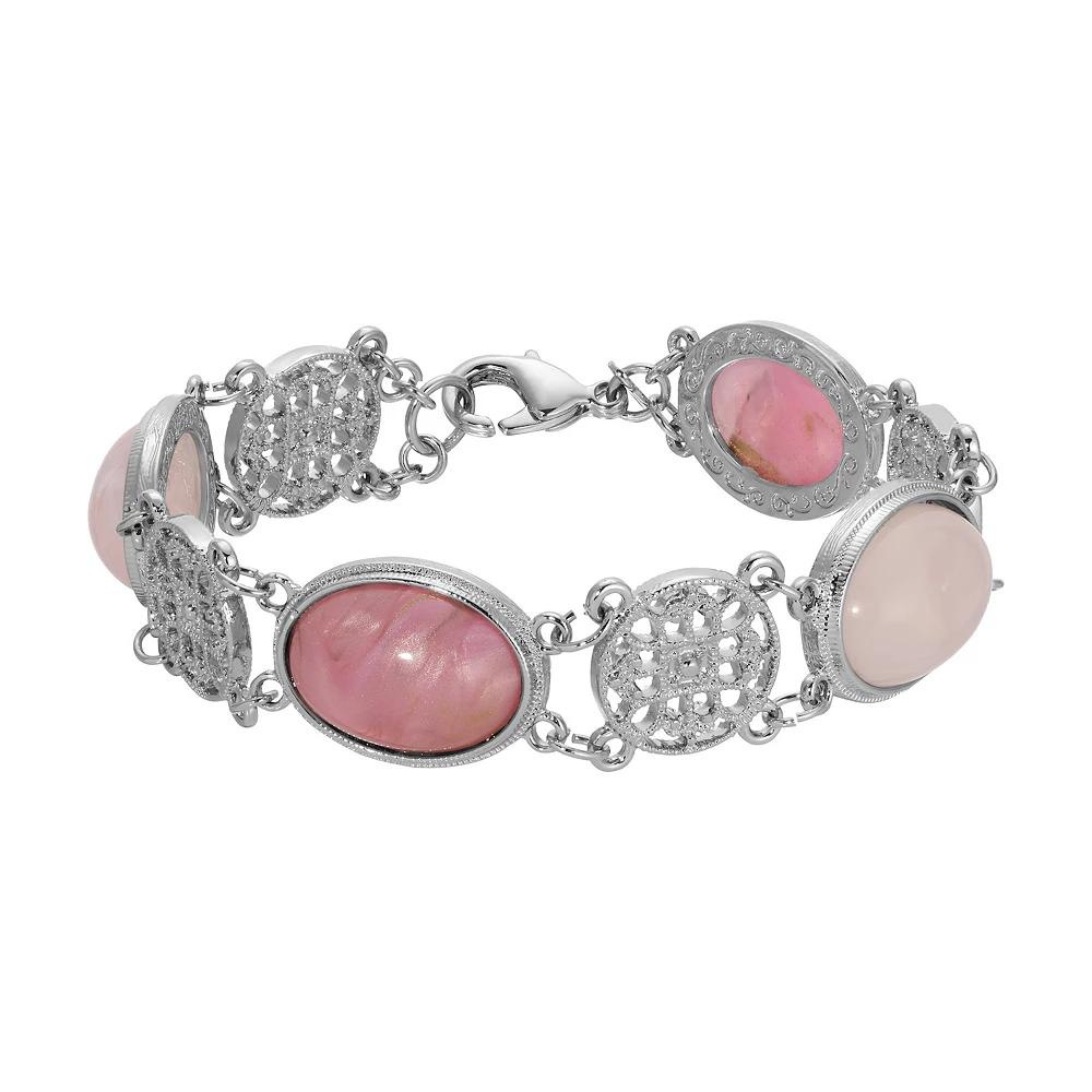 1928 Silver Tone Pink & Light Pink Beads Filigree Bracelet, Women's Product Image