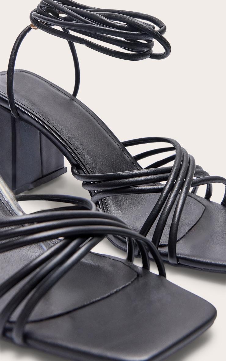 Black Pu Square Multi Criss Cross Strap Block Heeled Tie Up Sandals Product Image