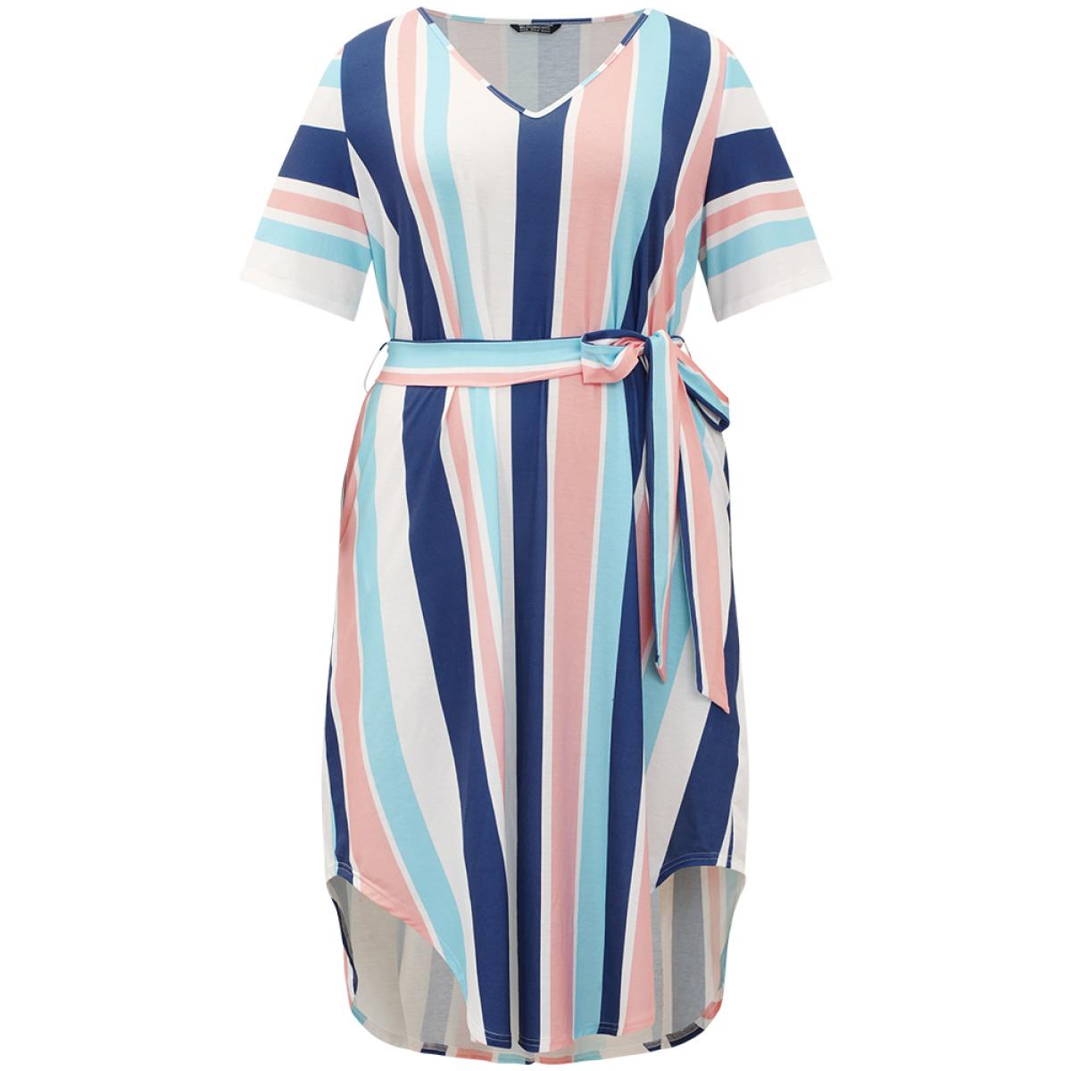 Plus Size Striped Belted V Neck Pocket Arc Hem Dress Indigo Women Casual Belted V-neck Short sleeve Curvy Midi Dress BloomChic 14-16/1X Product Image