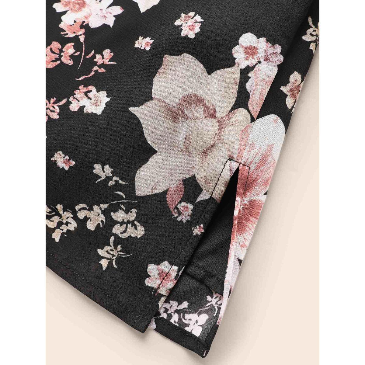 Plus Size Black Chiffon Floral Notched Ruffle Trim Blouse Women Elegant Long Sleeve Notched collar Everyday Blouses BloomChic 30/6X Product Image