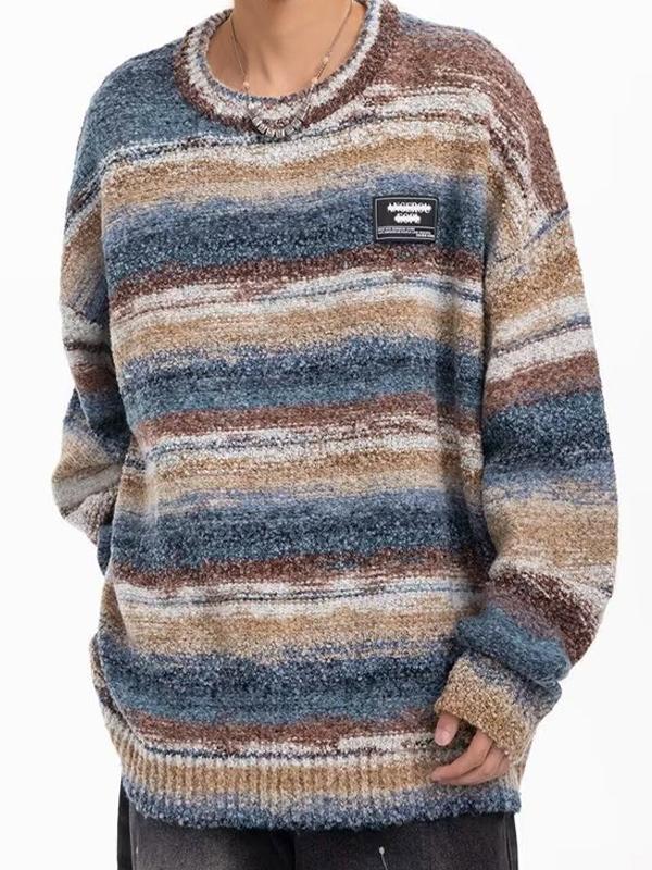 Men's Contrast Color Stripe Pullover Knit Sweater Product Image