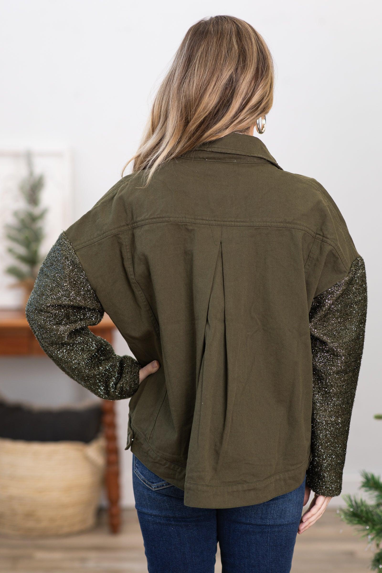 Olive Jacket With Lurex Sleeves Product Image