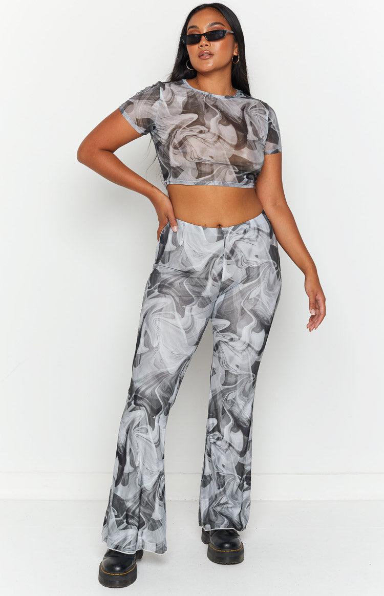 Willow Black Print Mesh Flare Pants Product Image