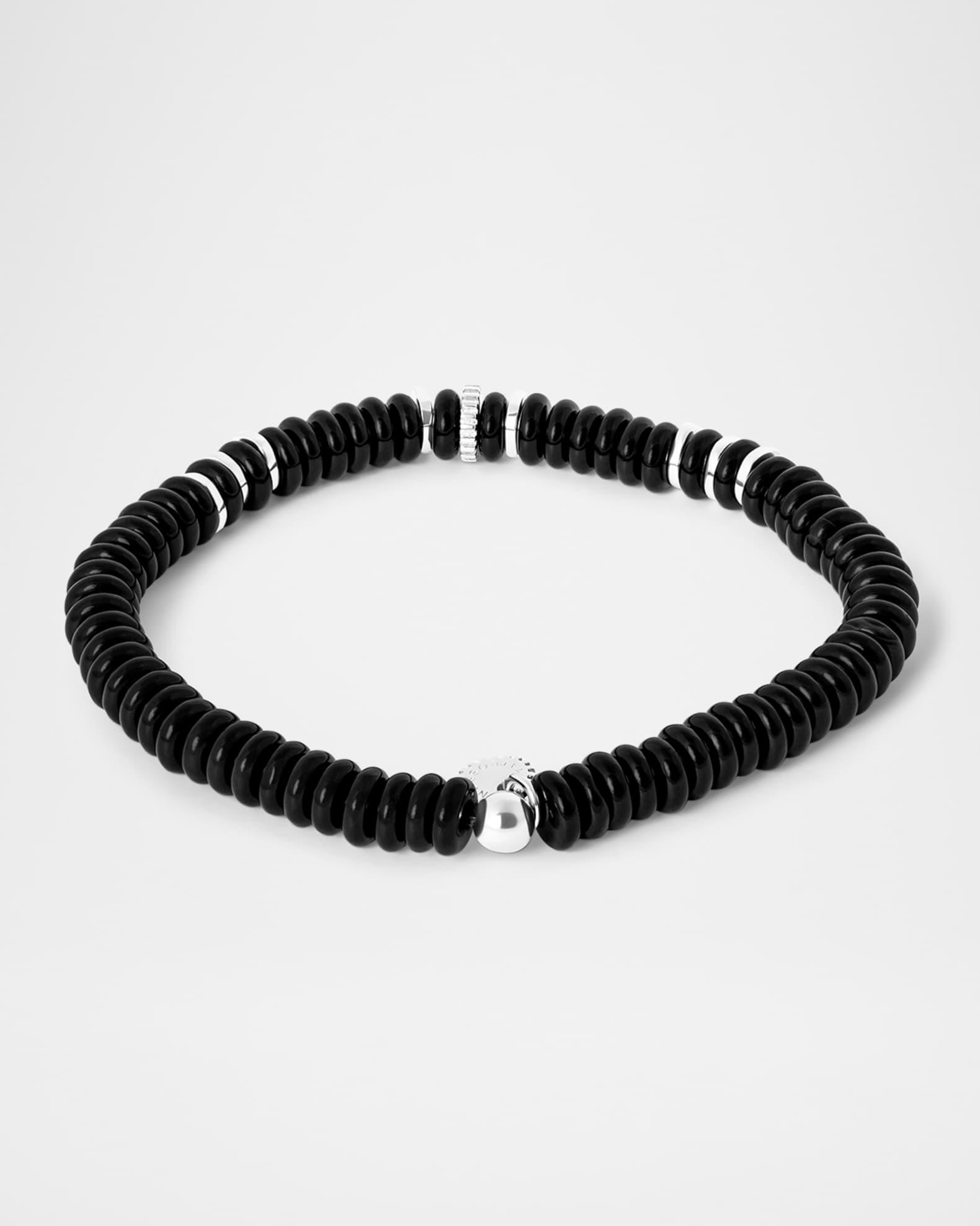 Men's Sterling Silver Disc Gear and Black Agate Beaded Bracelet Product Image