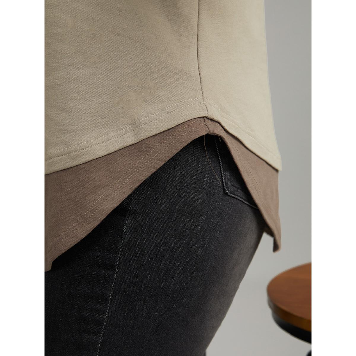 Plus Size Cotton Two Tone Layered Sweatshirt Women LightBrown Casual Arc Hem Round Neck Dailywear Sweatshirts BloomChic 10/M Product Image