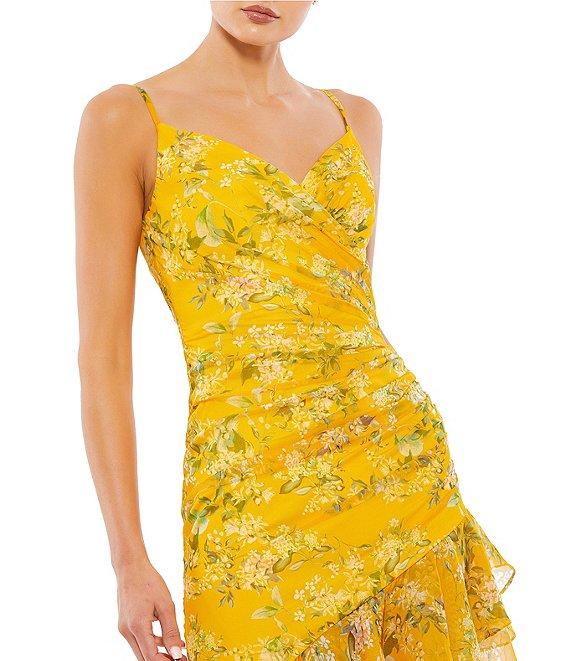 Mac Duggal Floral Chiffon V-Neck Sleeveless Asymmetrical Ruffle Hem Dress Product Image