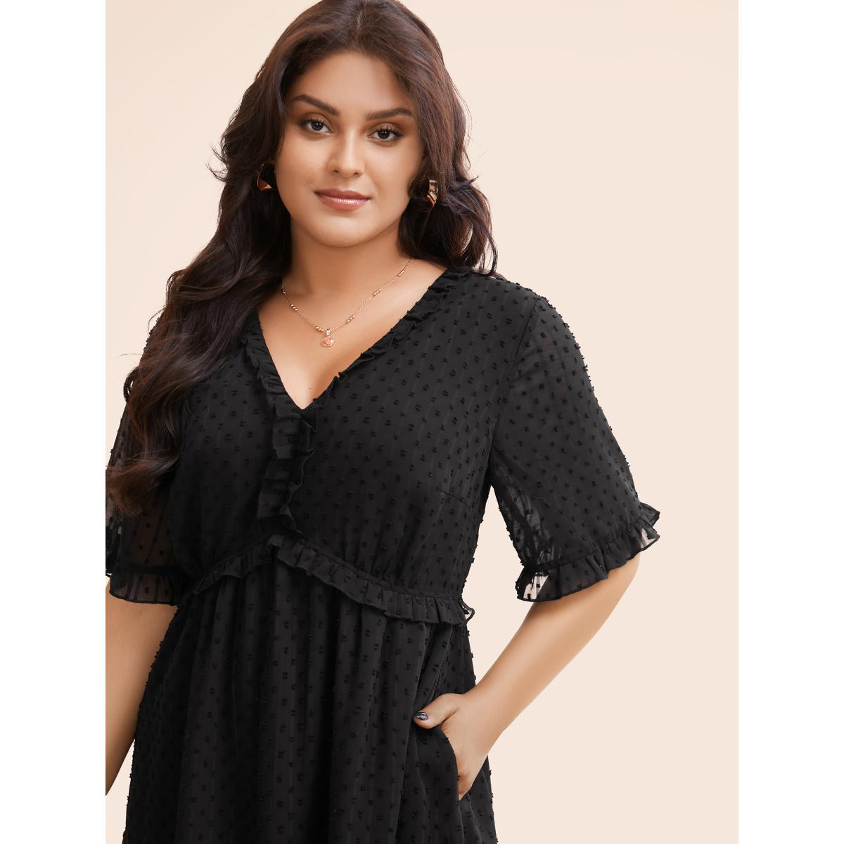 Plus Size Jacquard V Neck Ruffle Sleeve Dress Black Women Elegant Texture V-neck Half Sleeve Curvy BloomChic 30/6X Product Image