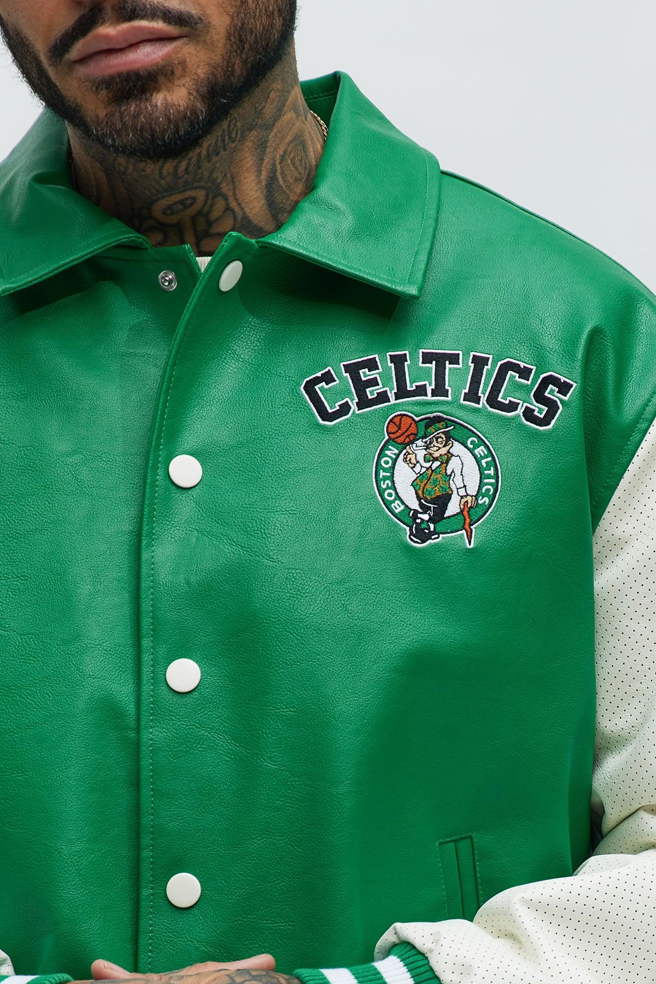 Celtics Top Dawg Faux Leather Collared Varsity Jacket - Kelly Green Product Image