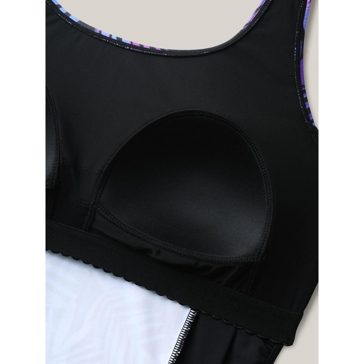 Plus Size Tropical Floral Print Spliced Swim Top Women's Swimwear Black Resort Gathered High stretch Skinny U-neck Curve Swim Tops BloomChic 26/4X Product Image