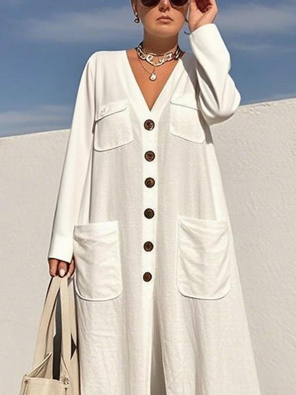 Long Sleeves Loose Buttoned Pockets V-Neck Jumpsuits Product Image