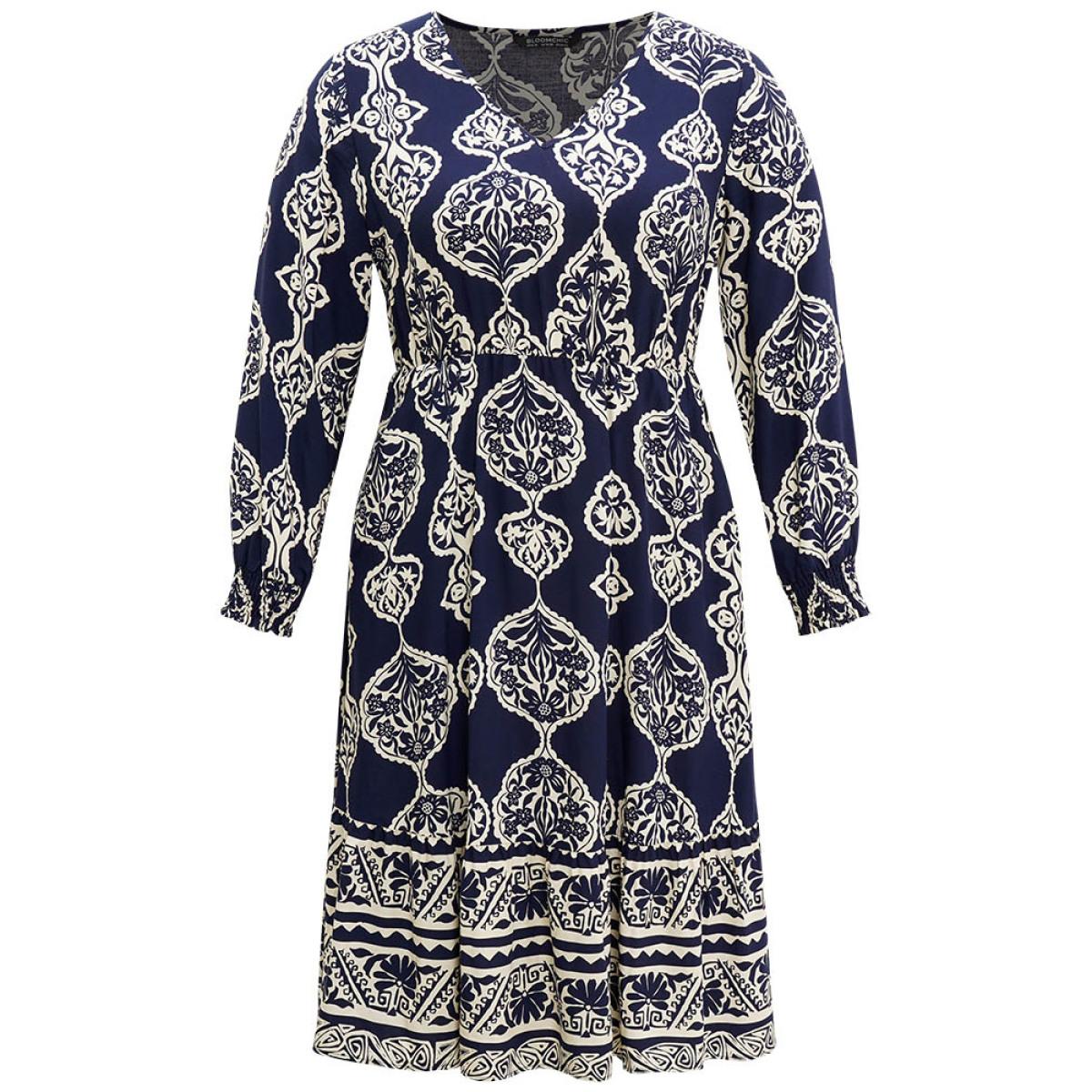 Plus Size Moroccan Print Shirred Cuffs Pocket Dress DarkBlue Women Resort Printed V-neck Long Sleeve Curvy Midi Dress BloomChic 18-20/2X Product Image