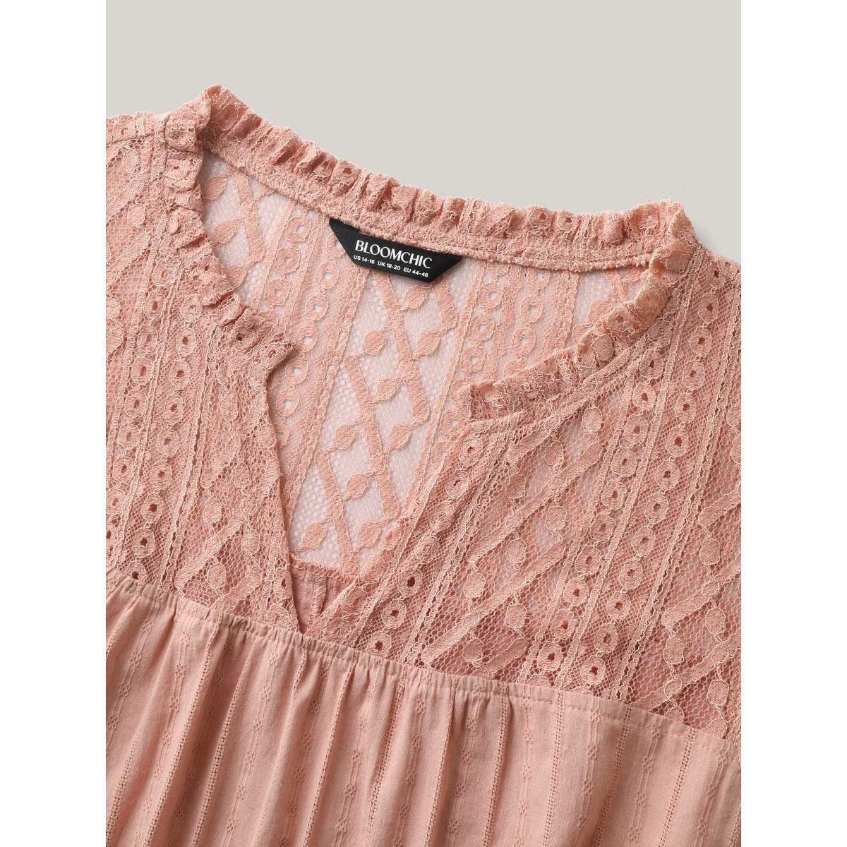 Plus Size Crepe Sheer Notched Collar Textured Spliced Blouse Women Short sleeve Notched collar Everyday-Elegant Blouses BloomChic 22-24/3X Product Image