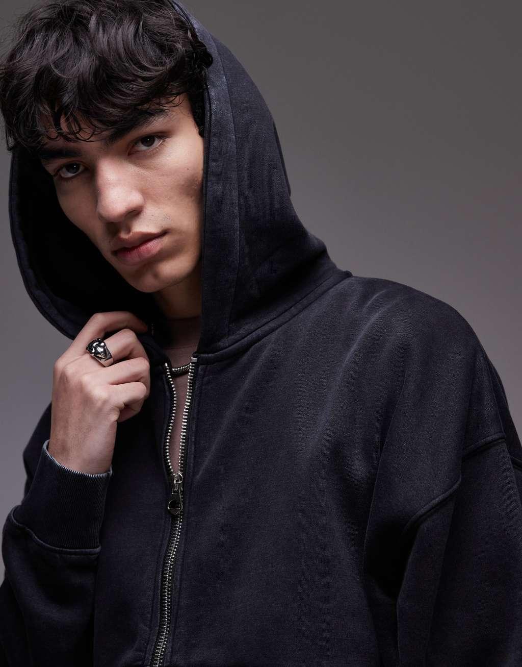 Topman premium heavyweight oversized fit acid wash zip up hoodie in washed black Product Image