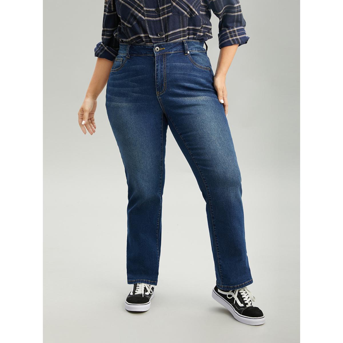 Plus Size Straight Leg Zipper Roll Hem Dark Wash Jeans Women DarkBlue Casual Plain Plain High stretch Pocket Jeans BloomChic 16/1X Product Image