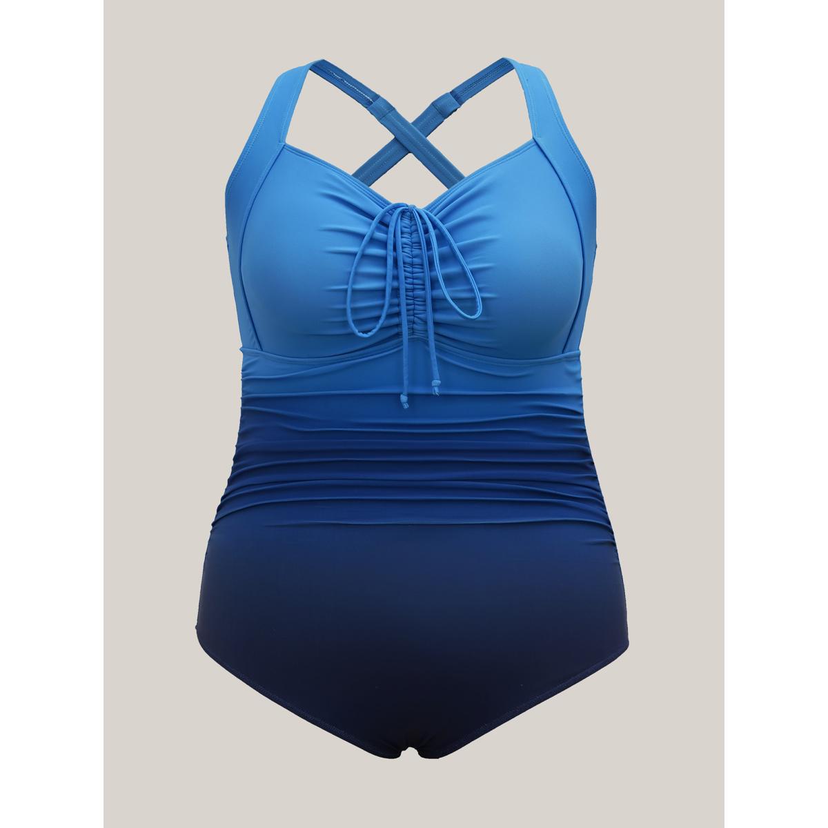 Plus Size Gradient Adjustable Drawstring Ruched One-Piece Swimsuit Women's Swimwear Mediumblue Beach Gathered Curve Bathing Suits High stretch One Pieces BloomChic 22-24/3X Product Image