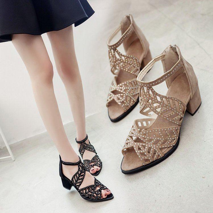 Rhinestone Faux Leather Block Heel Sandals Product Image