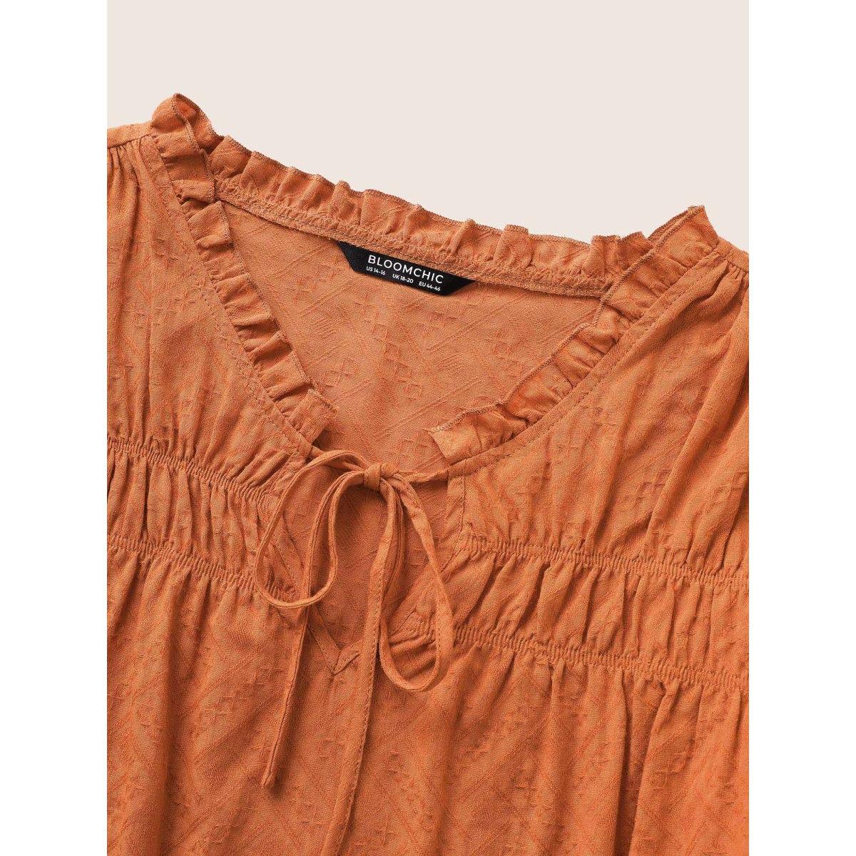 Plus Size OrangeRed Texture Tiered Ruffles Gathered Frill Trim Blouse Women Casual Short sleeve Notched collar Everyday Blouses BloomChic 26/4X Product Image