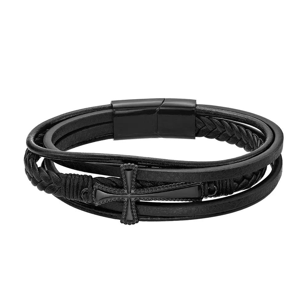 LYNX Men's Black Ion Plated Stainless Steel & Black Leather Cross Bracelet,  Product Image