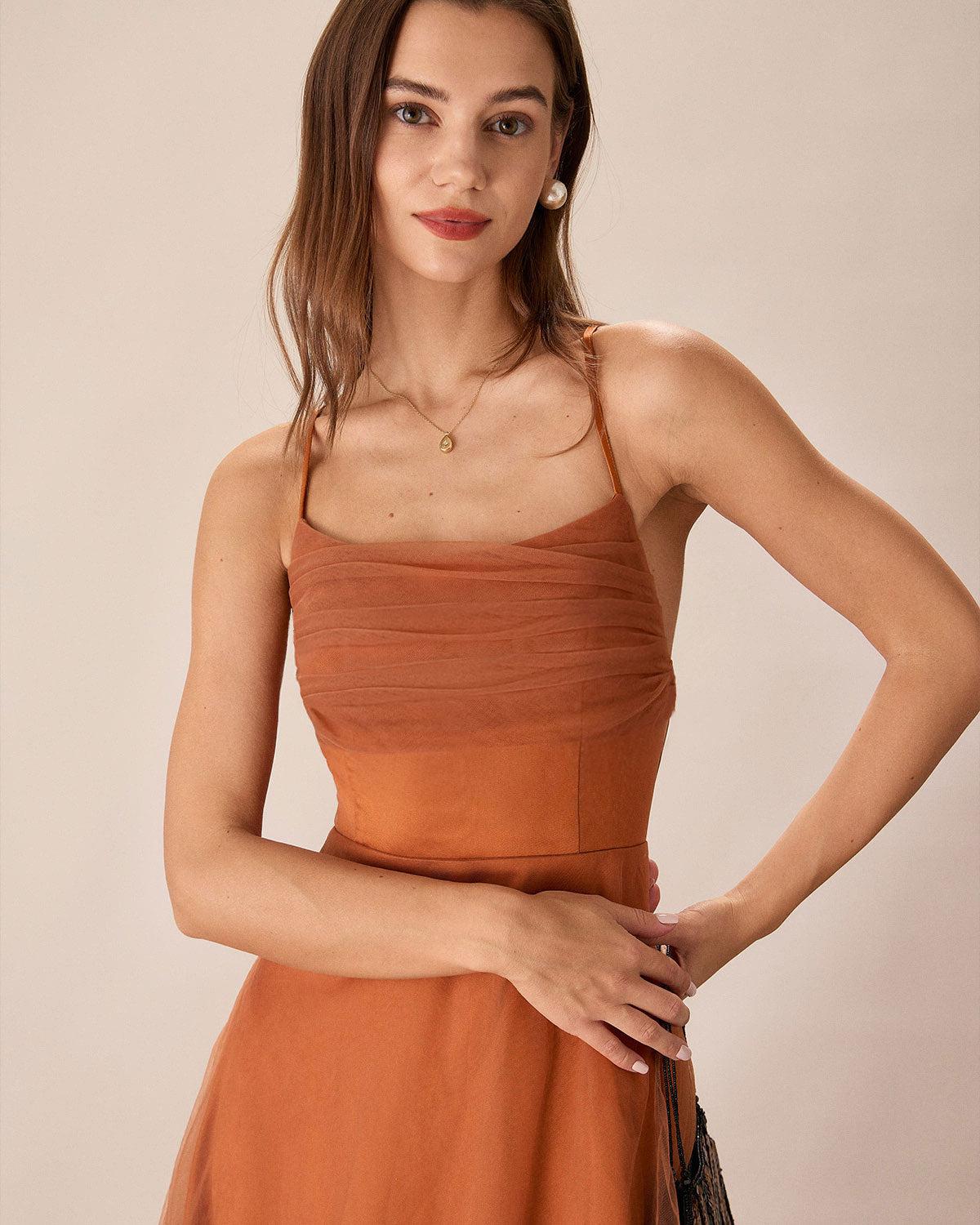 Caramel Mesh Flowy Slip Midi Dress Product Image