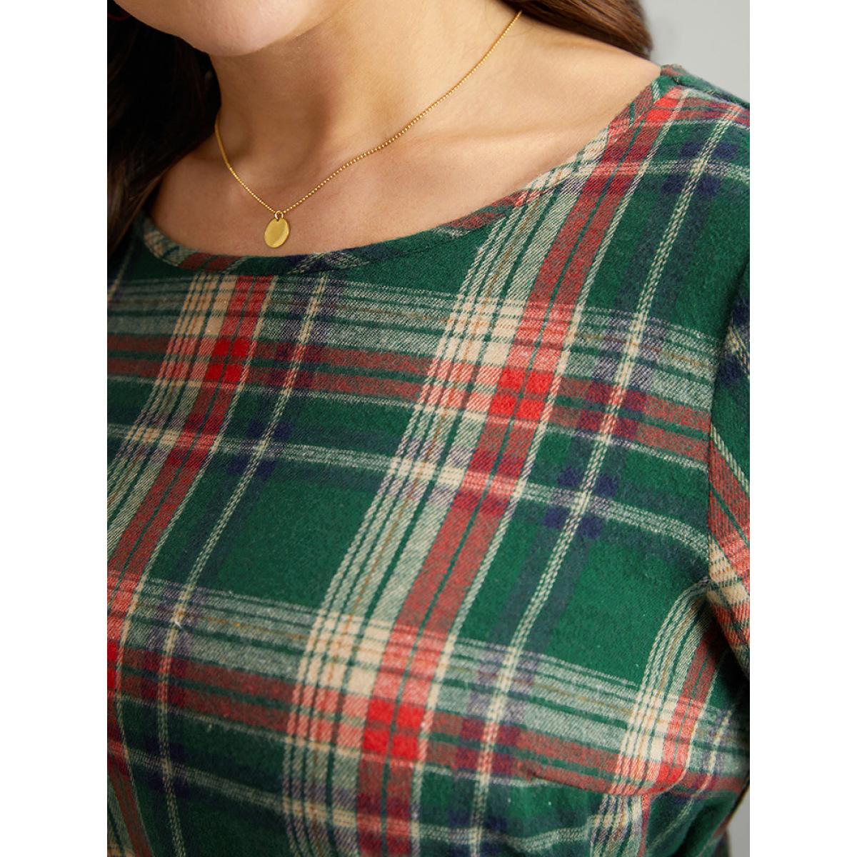 Plus Size DarkGreen Christmas Plaid Ties Lantern Sleeve Blouse Women Elegant Long Sleeve Round Neck Festival-Christmas Blouses BloomChic 30/6X Product Image