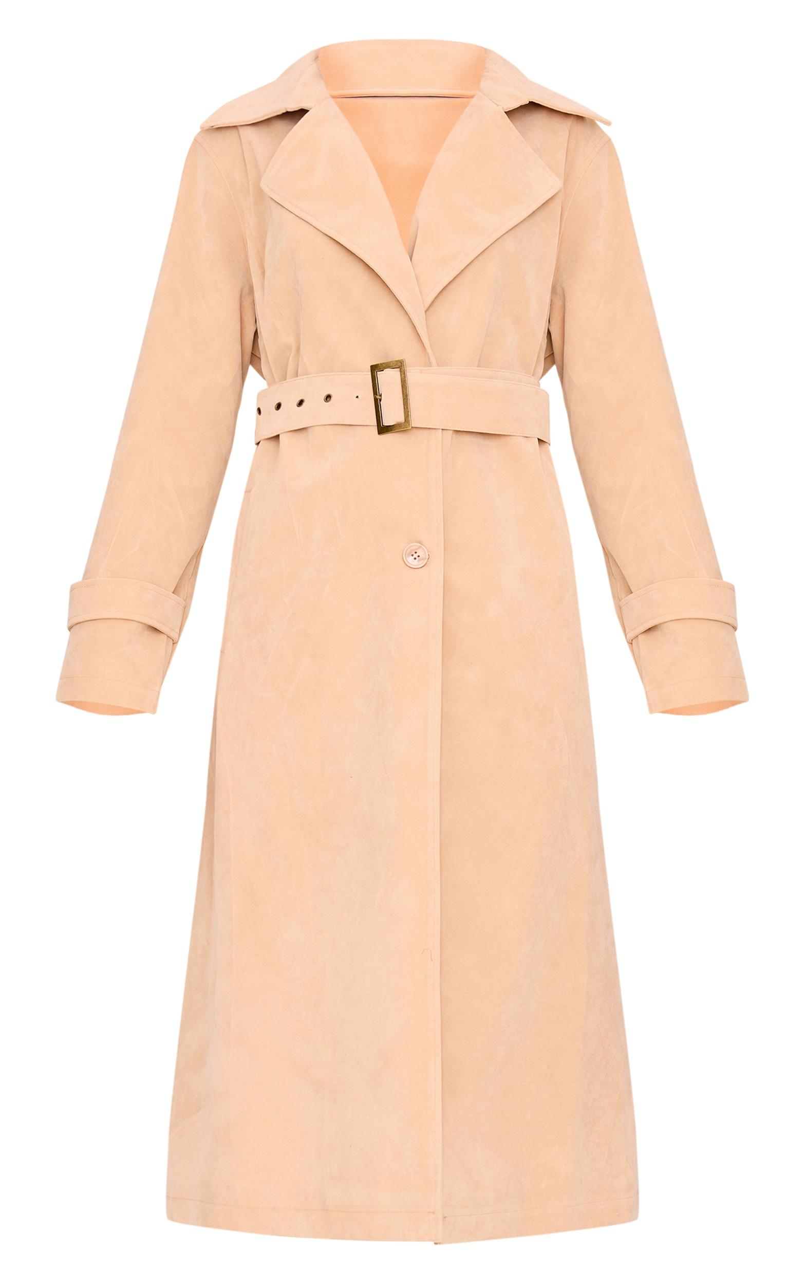 Stone Faux Suede Buckle Belt Trench Coat Product Image
