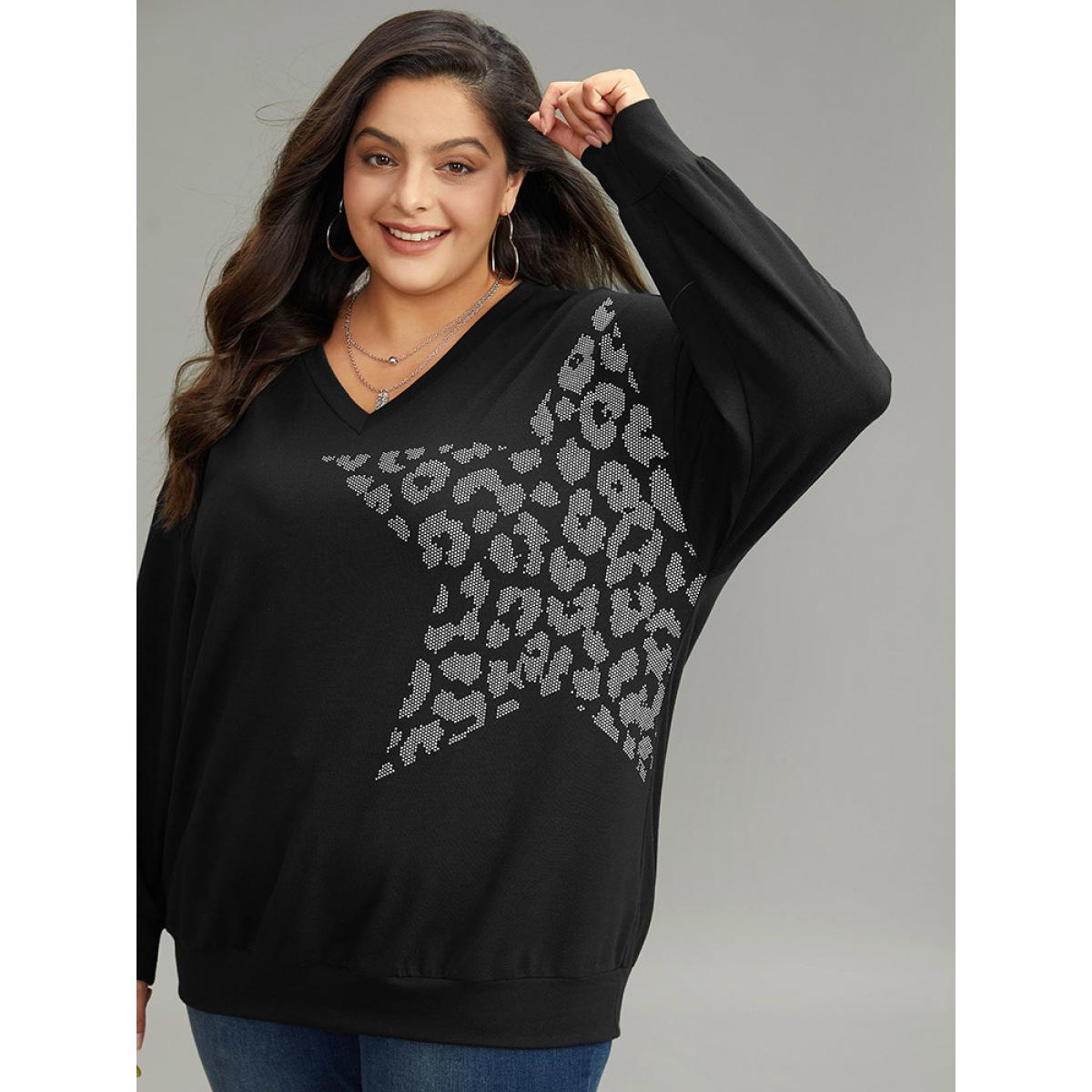 Plus Size Leopard & Star Print Round Neck Sweatshirt Women Black Casual Printed V-neck Dailywear Sweatshirts BloomChic 18-20/2X Product Image