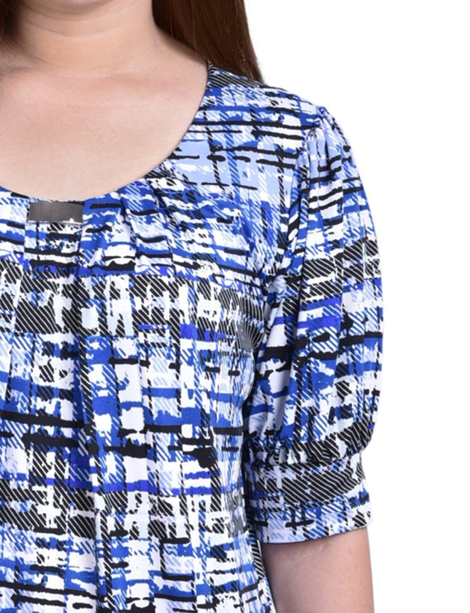 Blue Transplaid Short Sleeve Balloon Sleeve Top - Petite Product Image