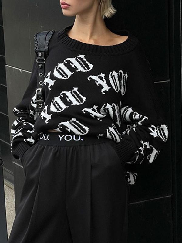 Street Irregular Jacquard Crew Neck Sweater Product Image