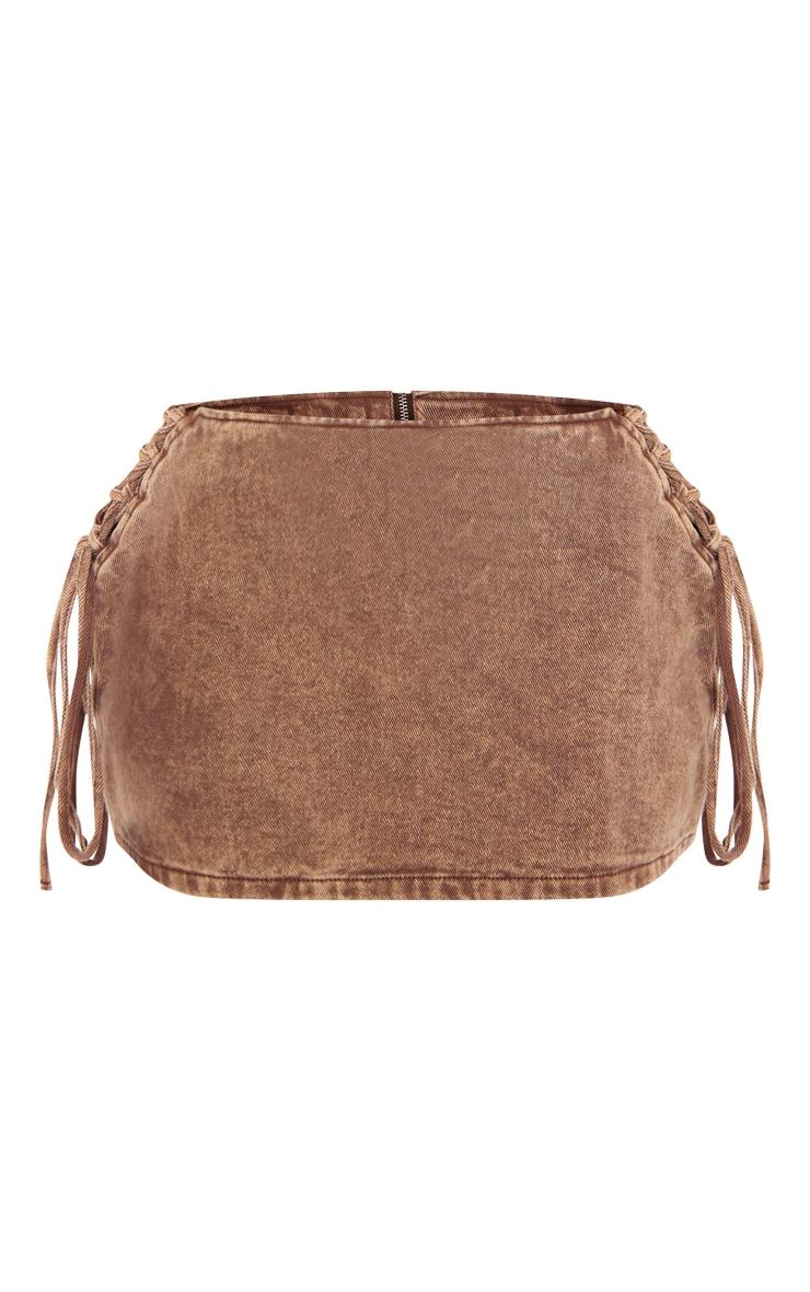 Petite Washed Brown Denim Lace Up Mini Skirt Product Image