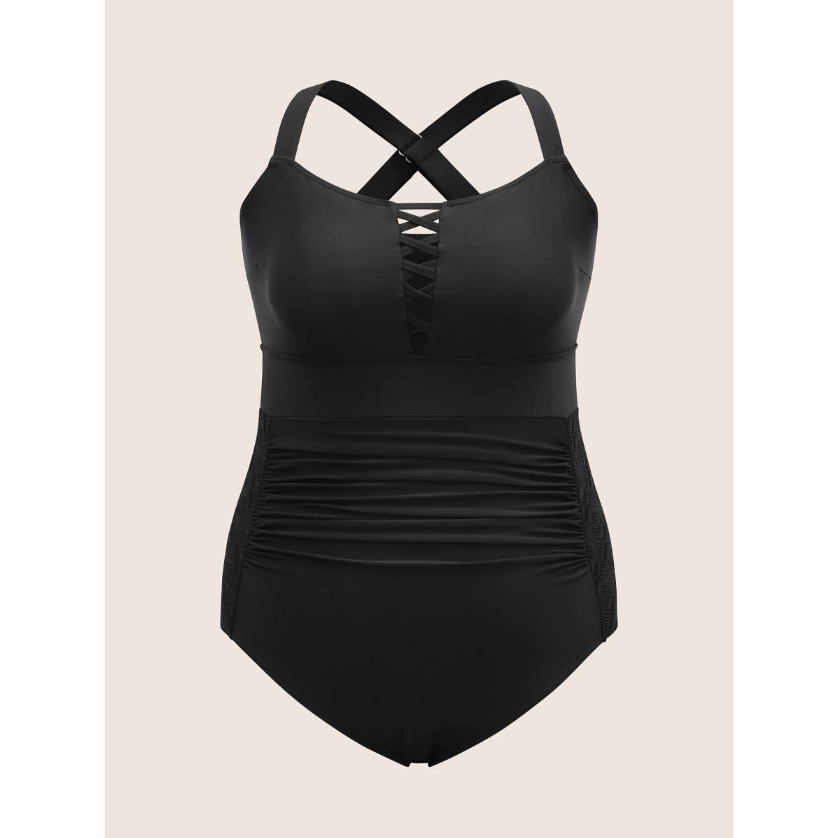Plus Size Solid Gathered Crisscross One Piece Swimsuit Women's Swimwear Black Beach Non Curve Bathing Suits High stretch One Pieces BloomChic 22-24/3X Product Image