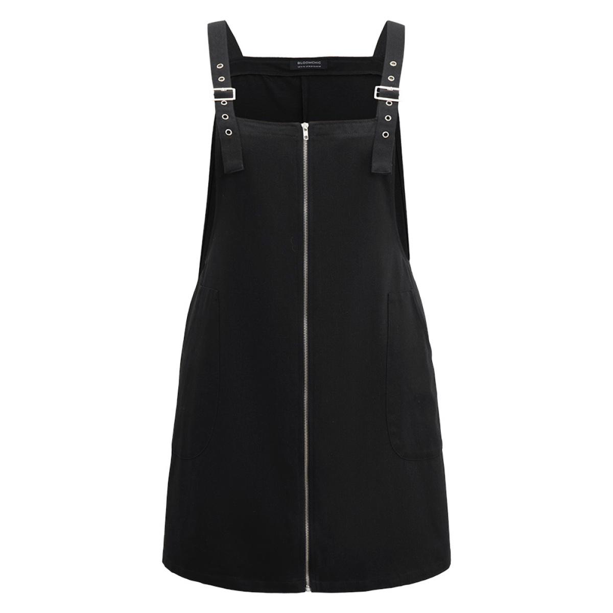 Plus Size Twill Zipper Adjustable Straps Dress Black Women Casual Adjustable Straps Spaghetti Strap Sleeveless Curvy Knee Dress BloomChic 10/M Product Image