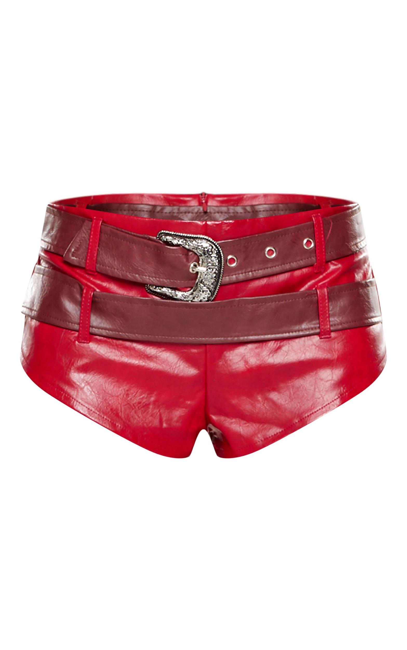 Red Faux Leather Double Belt Shorts Product Image