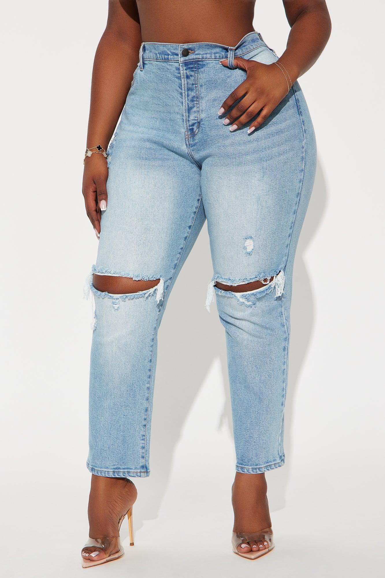 Petite As You Please Ripped Straight Leg Jeans - Light Blue Wash Product Image