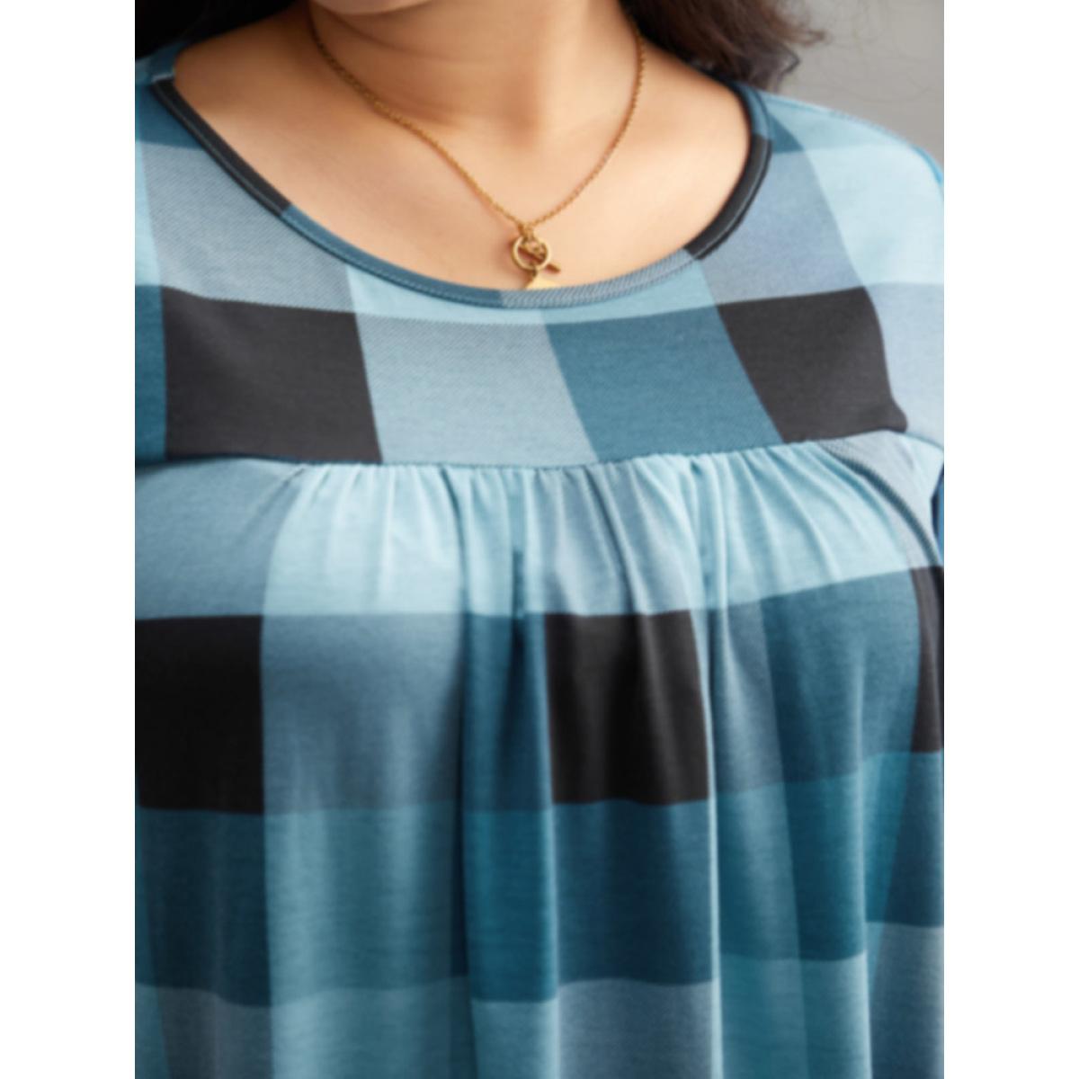 Plus Size Plaid Round Neck Gathered T-shirt Blue Women Casual Gathered Plaid Round Neck Everyday T-shirts BloomChic 12/L Product Image