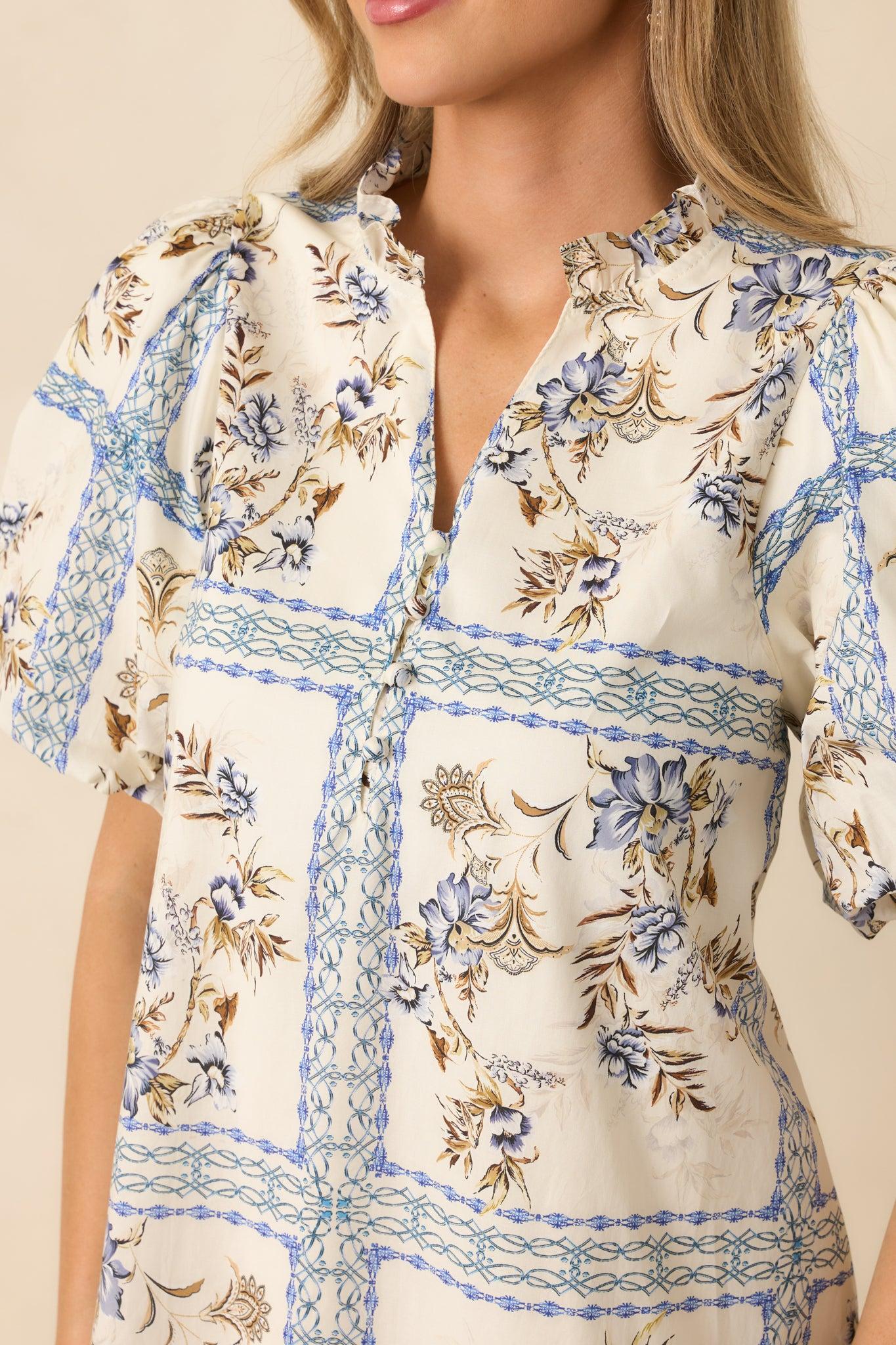 Garden Lattice Ivory Multi Cotton Floral Tile Print Mini Dress Product Image