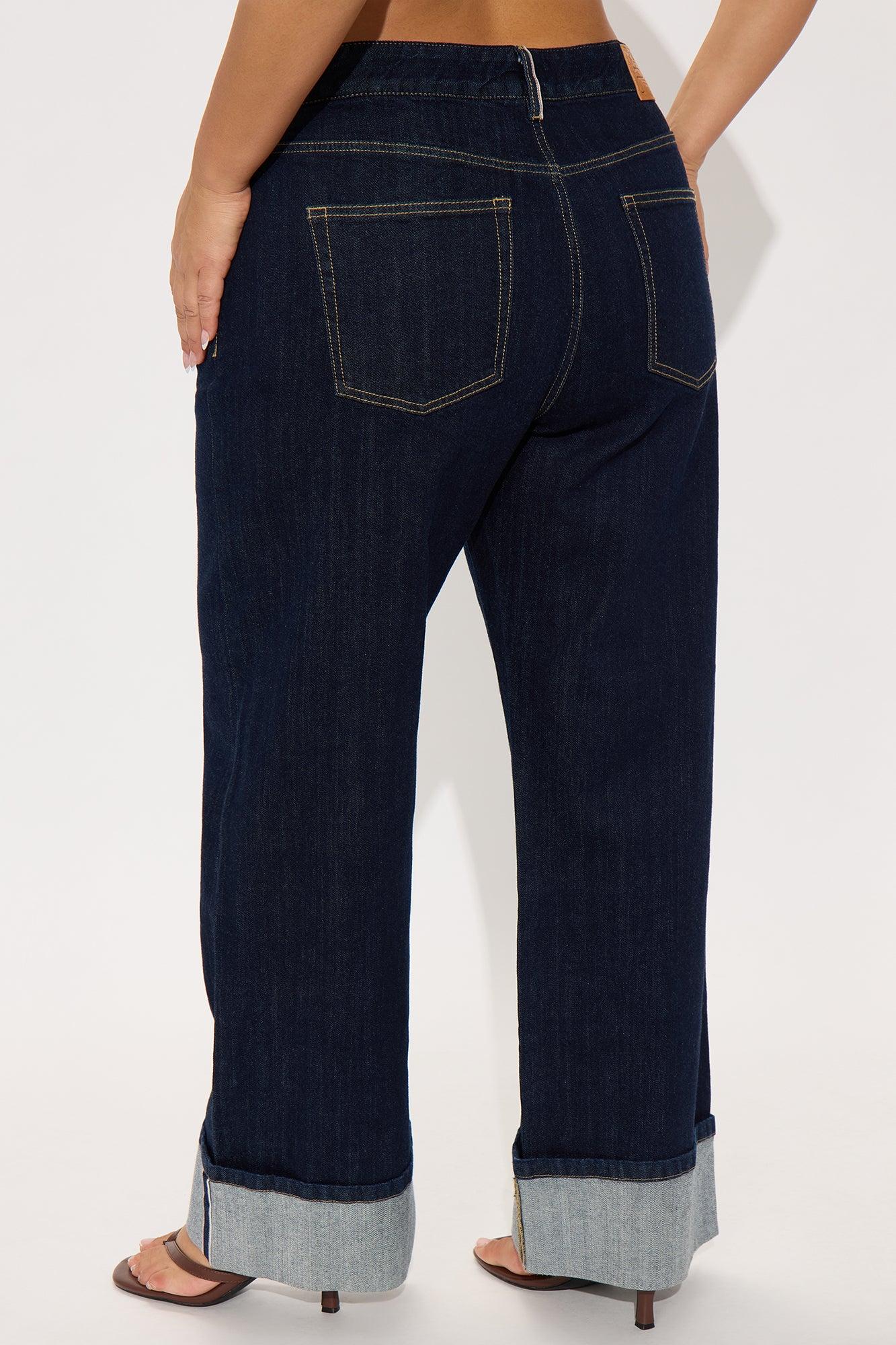 Premium Cuffed Straight Leg Jeans - Dark Wash Product Image