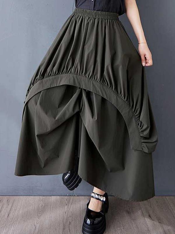 A-Line Loose Asymmetric Elasticity Pleated Pockets Solid Color Skirts Bottoms Product Image