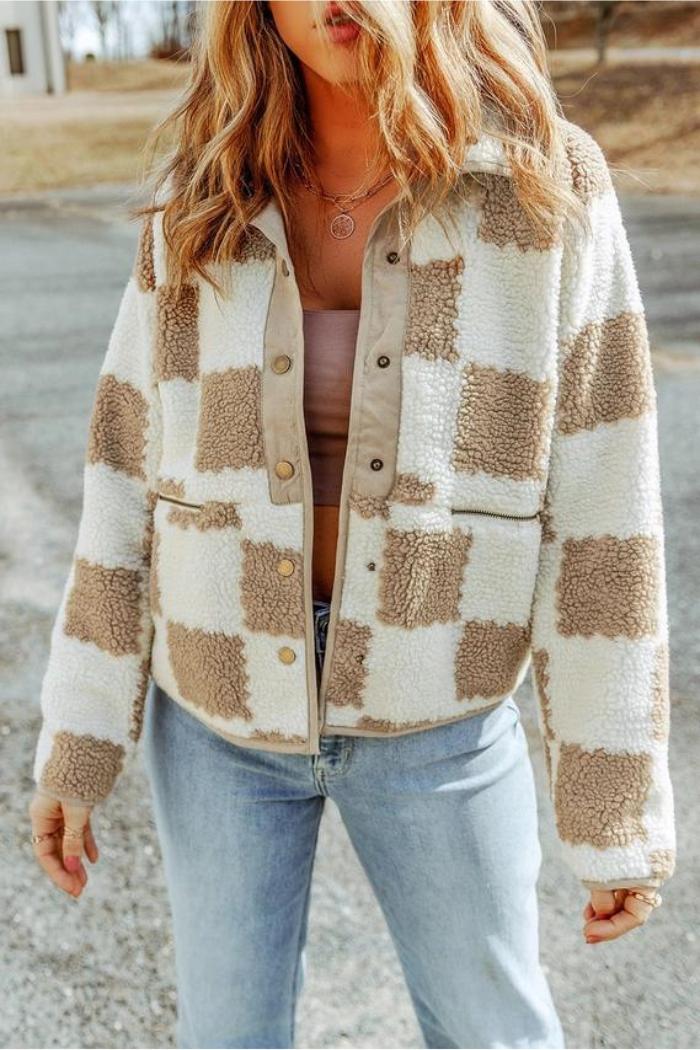 Light Brown Checked Snap Button Sherpa Jacket Product Image