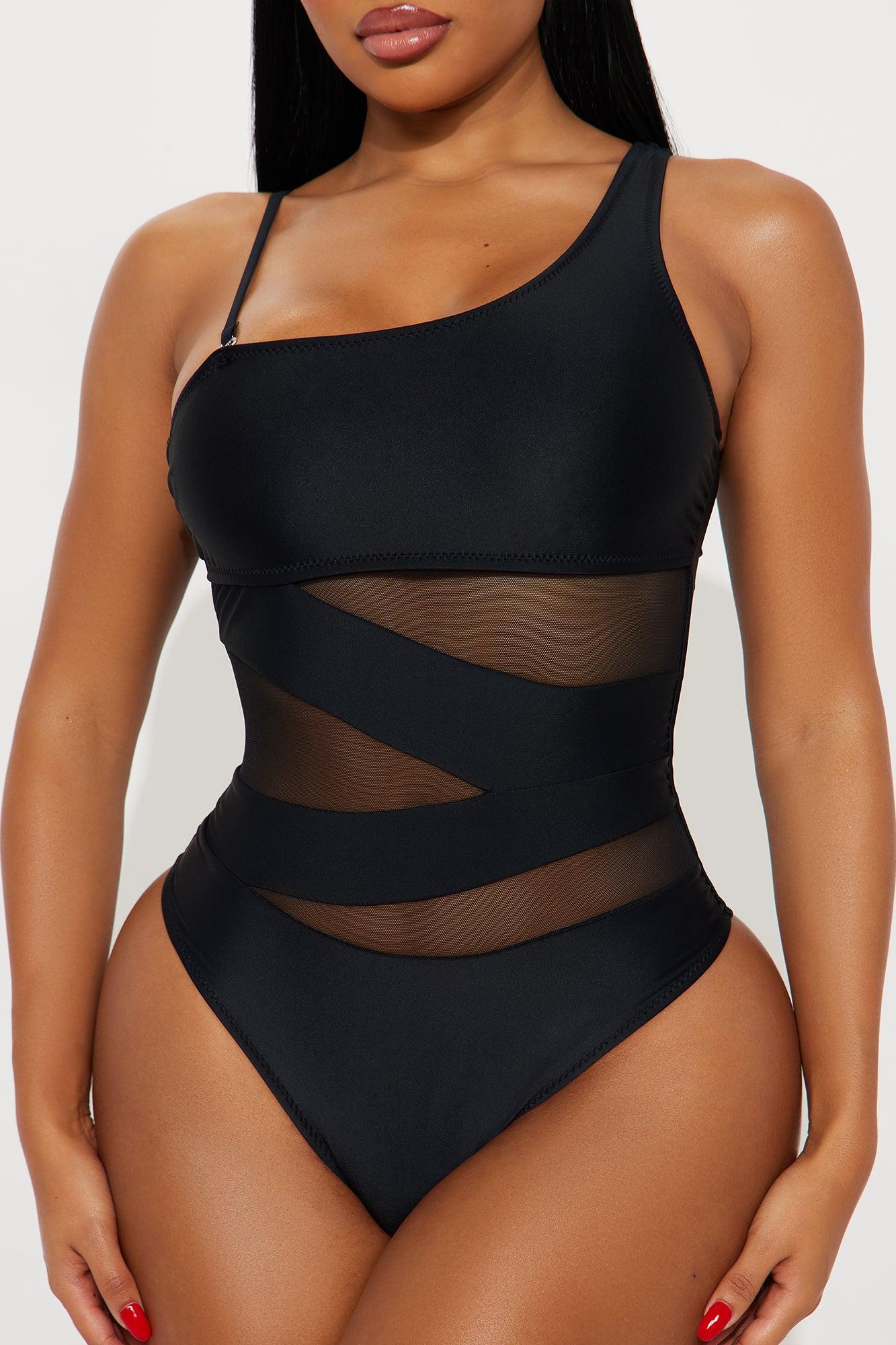 Always Sunny Asymmetrical Mesh Cutout 1 Piece Swimsuit - Black Product Image