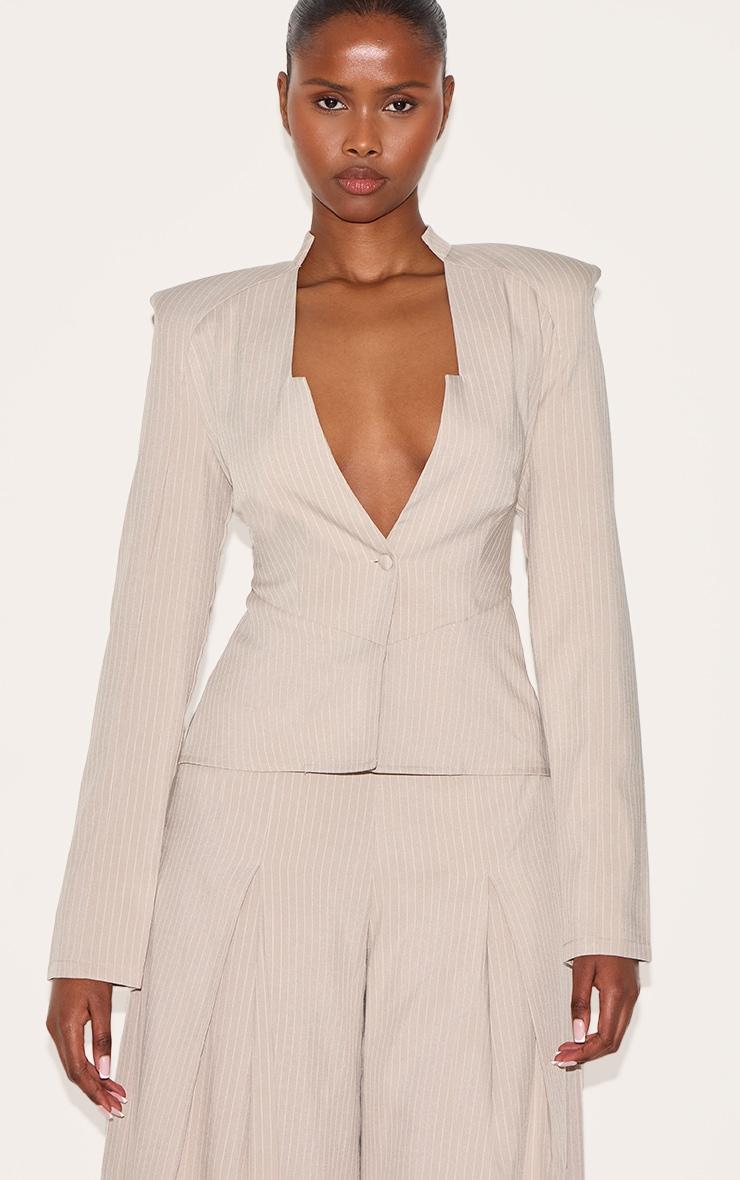  Stone Pinstripe Shirt Detail Straight Leg Jumpsuit Product Image