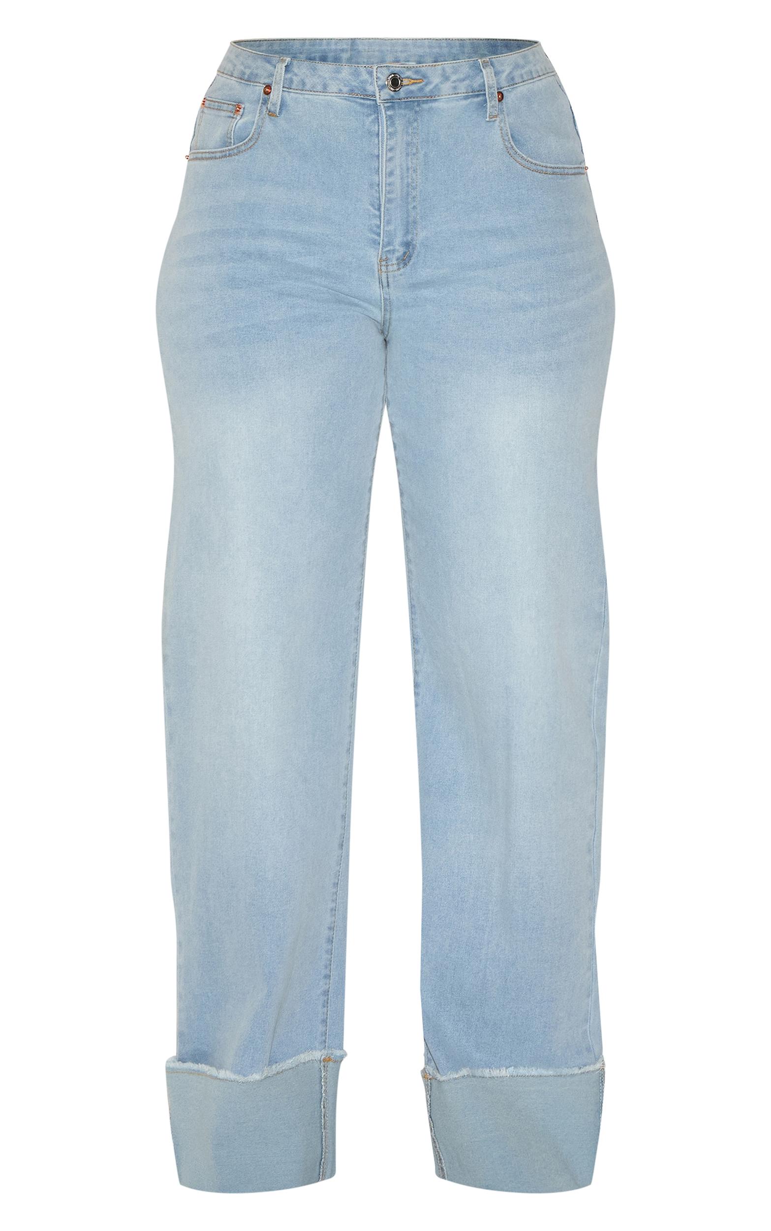 Shape Light Blue Stretch Denim Highwaisted Distressed Turn Up Hem Jeans Product Image