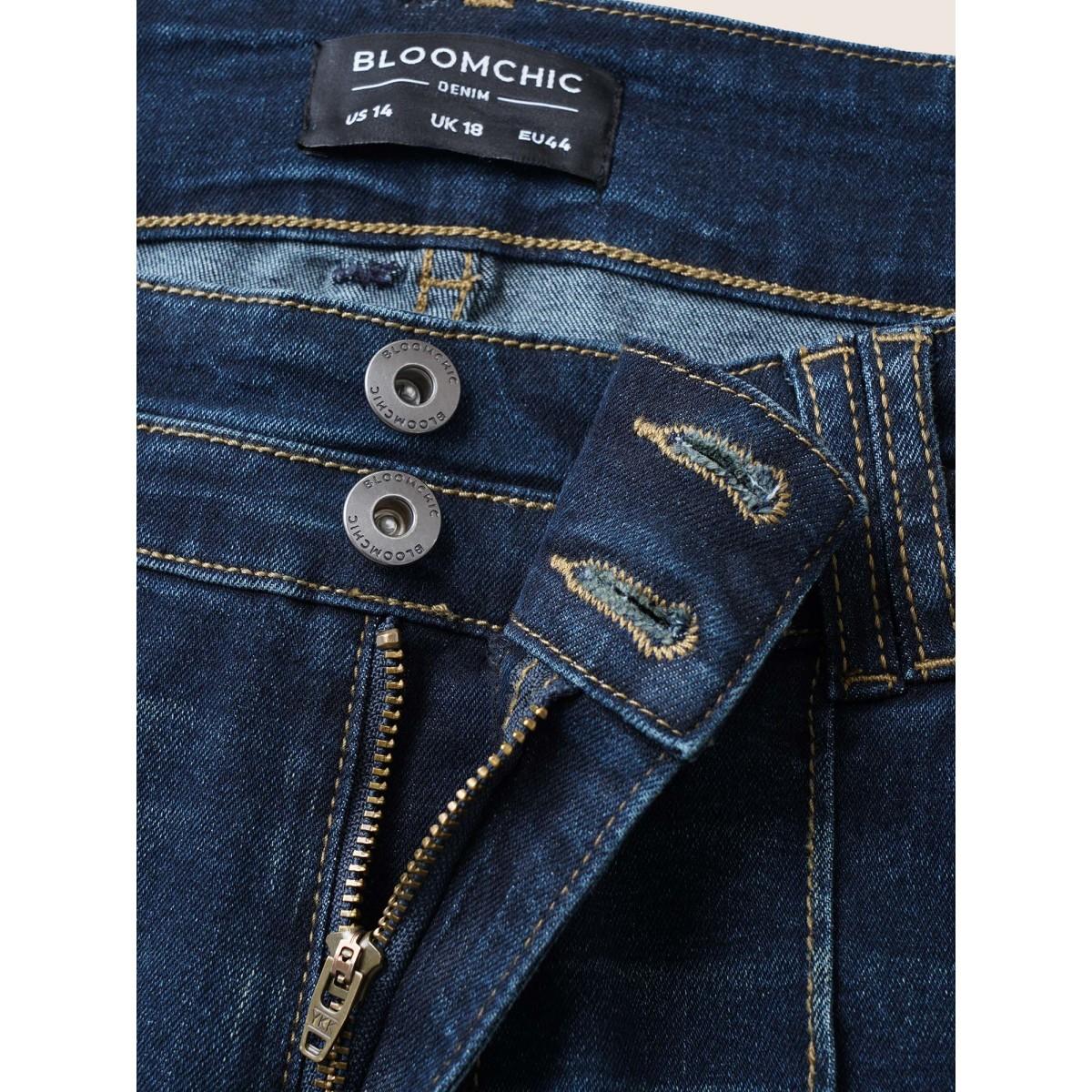 Plus Size Bootcut Seam Detail Button Up Full Length Jeans Women Indigo Casual Plain Non High stretch Slanted pocket Jeans BloomChic 20/2X Product Image