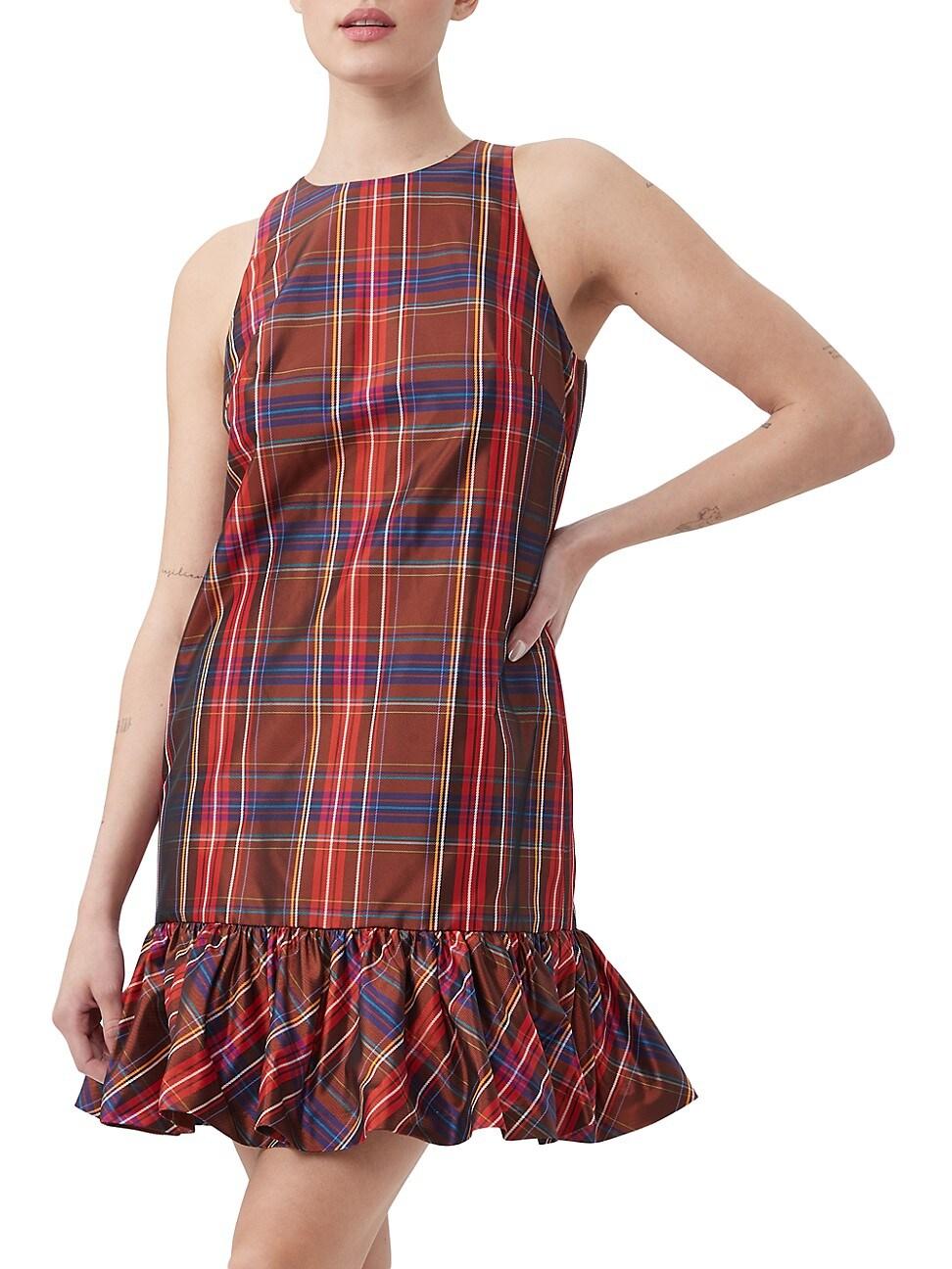 Womens Berry Plaid Puff-Hem Dress - Product Image