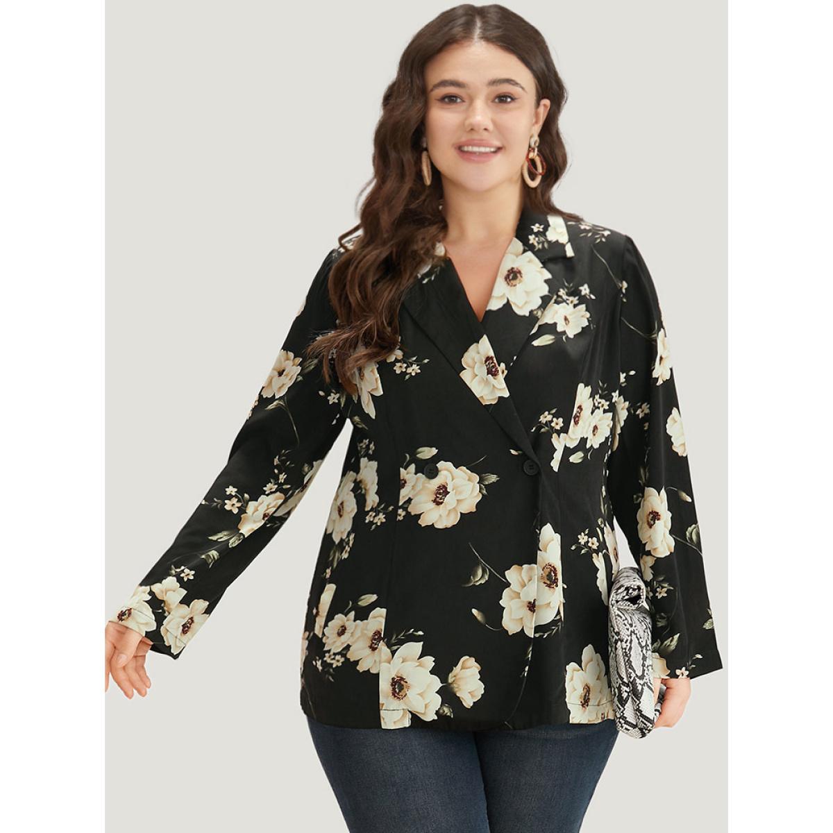Plus Size Floral Print Suit Collar Pocket Blazer Black Women Work Floral Printed Sleeve Long Sleeve Lapel Collar 28/5X Pocket Office Blazers BloomChic Product Image