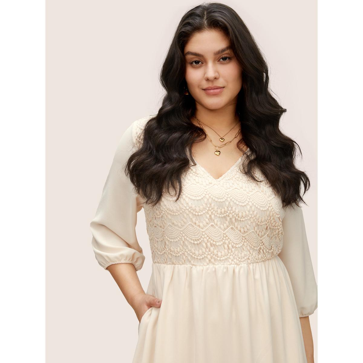 Plus Size Guipure Lace Lantern Sleeve Elastic Waist Dress Apricot Women Resort Non V-neck Elbow-length sleeve Curvy Midi Dress BloomChic 30/6X Product Image