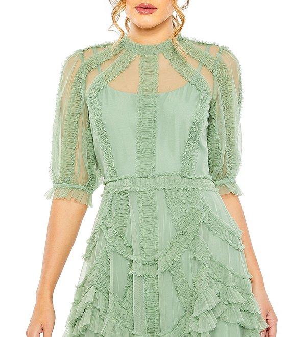 Mac Duggal Mock Neck Short Sleeve Tiered Ruffled Pleated Embellished A-Line Midi Dress Product Image