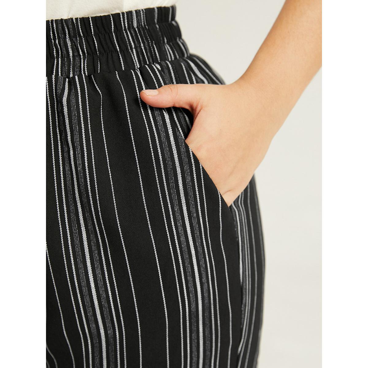 Plus Size Striped Elastic Waist Straight Leg Pants Women Black Casual Straight Leg High Rise Dailywear Pants BloomChic 22-24/3X Product Image