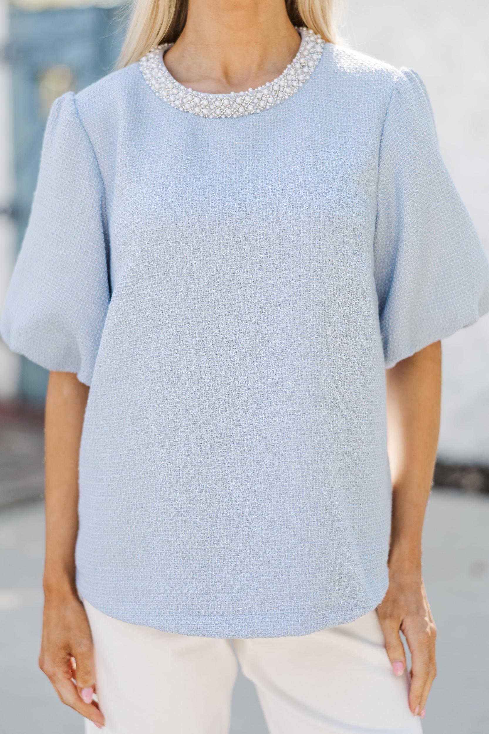 Calling On You Light Blue Tweed Blouse Female Product Image