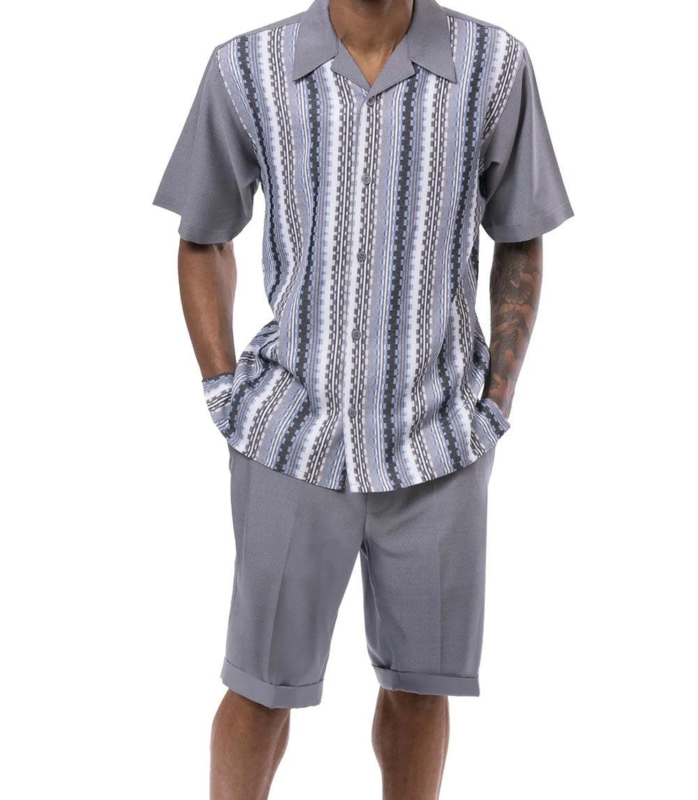 (5XL/54) Gray Vertical Mini Plaid Walking Suit 2 Piece Set Short Sleeve Shirt with Shorts Product Image