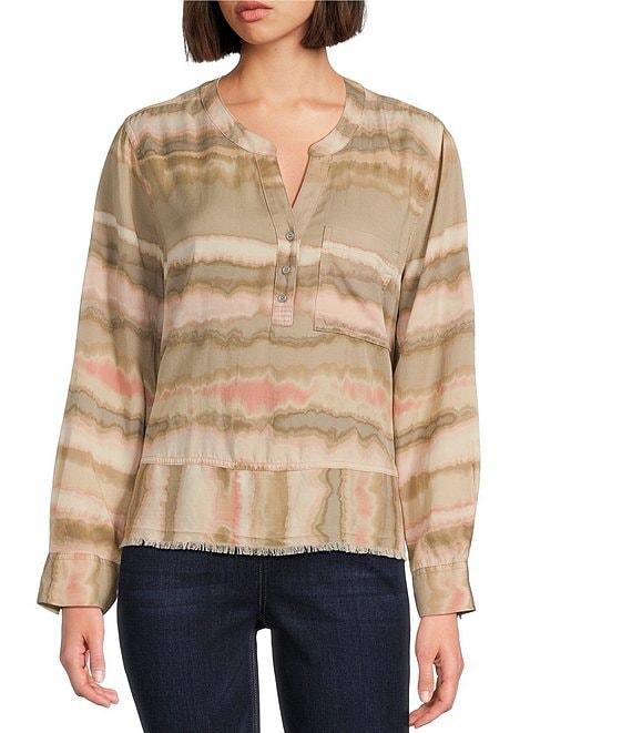 Westbound Woven Diffused Stripe Long Roll-Tab Sleeve Henley Patch Pocket Top Product Image